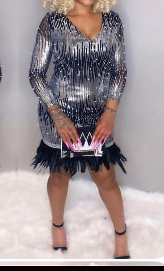 Sequin dress with Pearls and feathers